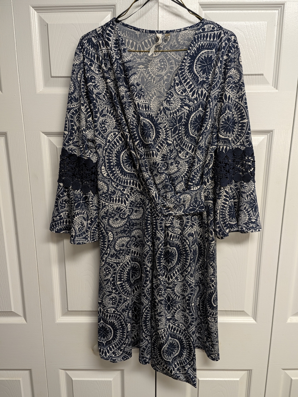 Women’s Navy & White Printed Dress with Lace Detail